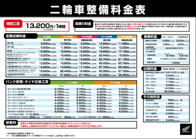 二輪車整備料金表